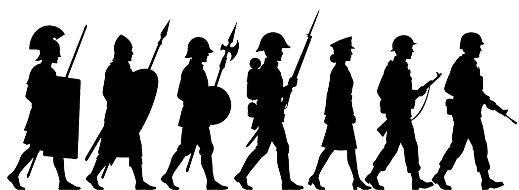 Illustrated silhouettes of six soldiers representing different historical eras, from a Roman legionary to a World War Two infantryman, marching in a line
